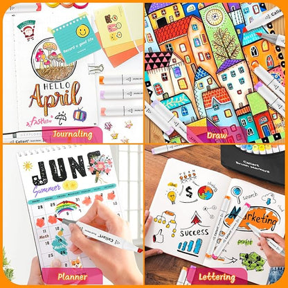 Caliart Markers, 100 Colors Dual Tip Art Markers Sketch Pens Permanent Alcohol Based, with Case for Adult Kids Halloween Drawing Sketching (White Barrel)