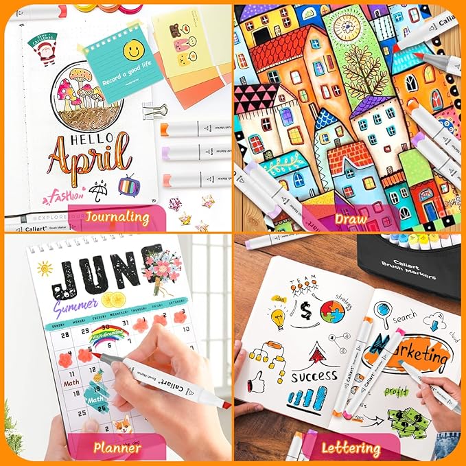 Caliart 41 Colors Dual Tip Art Markers Permanent Alcohol Based Markers Colored Artist Drawing Marker Pens Highlighters With Case for Coloring Animation Illustration Painting Card Making Underlining