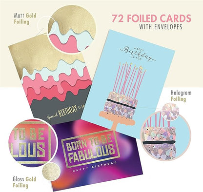 easykart labels 72 Unique Birthday Cards Assortment with Greetings Inside. For Businesses and Individuals, 4 x 5.5 Inch Assorted Foiling Cards with Envelope with Sealing Stickers