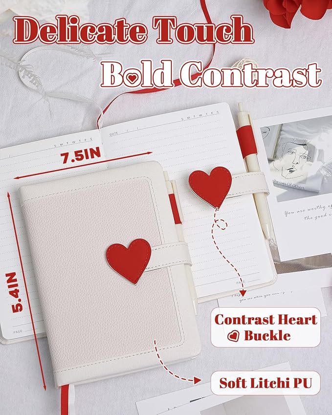 Journal for Women and Girls with Heart Buckle, 240 Pages Girls Diary Journal with Pen for Writing, Cute Daily Writing Journals for Women, B6 Pretty Journaling Hardcover Notebooks (White)