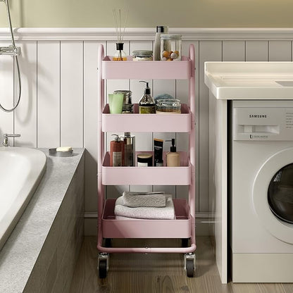 4-Tier Pink Rolling Cart,Metal Utility Rolling Cart with Handle,Multifunction Rolling Carts with Wheels,Kitchen Storage Carts Suitable for Office,Home,Kitchen,Garden（13.4"x18.1"x40"） Pink