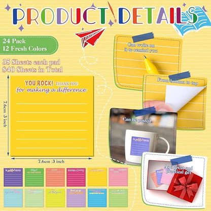 Yinder 24 Pcs Employee Appreciation Sticky Notes Thank You Gifts Bulk Note Pads with Sayings Teacher Gift Mini Pocket Inspirational Notepads for Coworker Office Supply 3 x 3''(Bright,Thanks)