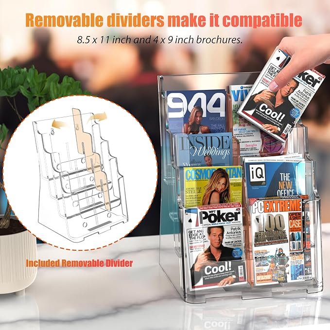 Acrylic Brochure Holder 8.5x11 & 4 x9 Inches, Clear 4 Tier Magazine Holder Brochure Display Stand w Removable Divider, Literature Pamphlet Flyer Holder for Wall Mount or Countertop