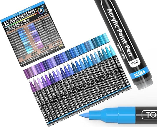 Acrylic Paint Pens 22 Blue & Purple Tones Assorted Pro Color Series Markers Set 0.7mm Extra Fine Tip for Rock Painting, Glass, Mugs, Wood, Metal, Canvas, Projects, Non Toxic, Waterbased, Quick Drying