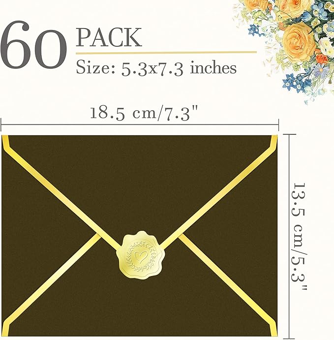 60 Pack Gold Envelopes 5x7 Bulk Taupe, 250G Pearled Cardstock A7 Envelopes for Invitations Business Mailing Envelope with Gold Foil Border, A6 4x6 Envelopes for Wedding Baby Shower Cards