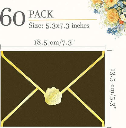 60 Pack Gold Envelopes 5x7 Bulk Taupe, 250G Pearled Cardstock A7 Envelopes for Invitations Business Mailing Envelope with Gold Foil Border, A6 4x6 Envelopes for Wedding Baby Shower Cards