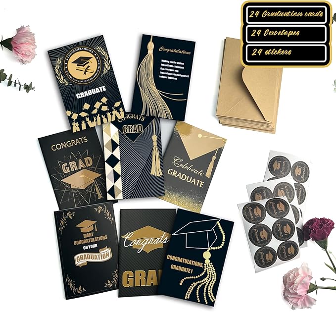 Graduation Cards, Graduation Cards 2024 with Envelopes and Gold Foil, 24 Pack Bulk Graduation Greeting Cards, Grad Gift Card for College & High School Graduation Party Decoration