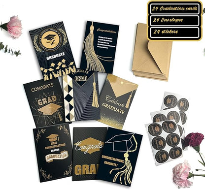 Graduation Cards, Graduation Cards 2024 with Envelopes and Gold Foil, 24 Pack Bulk Graduation Greeting Cards, Grad Gift Card for College & High School Graduation Party Decoration