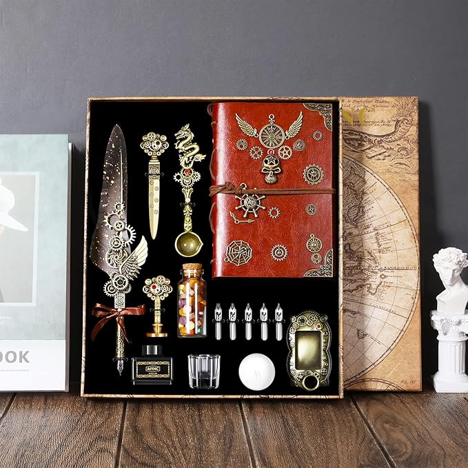 Feather Pen Ink Set With Quill Pen, Notebook, 5 Replaceable Nibs, Seal Stamp, Spoon, Wax Beads, White Wax, Ink, Holder Cup, Envelope, Letter Paper, Envelope Tool(grey)