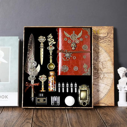 Feather Pen Ink Set With Quill Pen, Notebook, 5 Replaceable Nibs, Seal Stamp, Spoon, Wax Beads, White Wax, Ink, Holder Cup, Envelope, Letter Paper, Envelope Tool(grey)