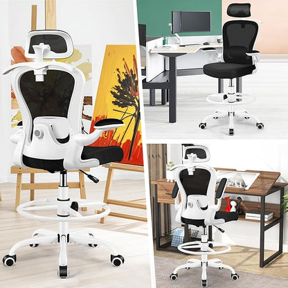 Drafting Chair, Tall Office Chair with 3D Lumbar & Head Support, Ergonomic Mesh Standing Desk Chair with Footring, Comfy Extended High Desk Chair with Flip-Up Arms & Hanger(White)