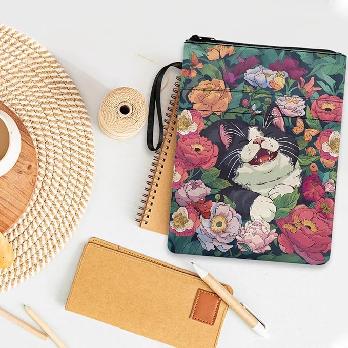 COEQINE Book Sleeves Cats Flower Book Covers Book Lover Gifts Book Protector with Zipper Book Covers for Paperbacks Book Pouch with Pockets Travel Book Case