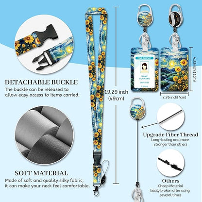 Sunflower Lanyards for Id Badges, Badge Holder with Retractable Reel Clip, Work Name Tags Keychain Lanyard with ID Holder, ID Card Protector Cover Case for Women Teacher Nurse Doctor Office