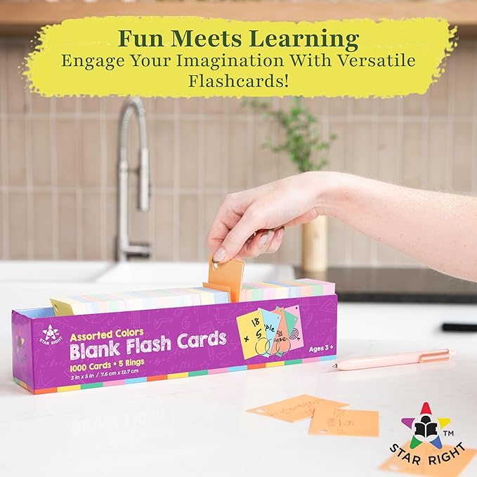 Star Right Assorted Colored Blank Flash Cards - 3x5 inches Blank Index Note Cards, Flash Cards Blank, 1000 Pre Hole Punched with Metal Binder Rings, Blank Flashcards for GMT Prep, Math, Language