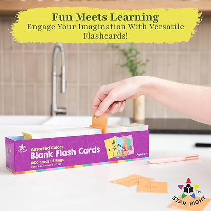 Star Right Assorted Colored Blank Flash Cards - 3x5 inches Blank Index Note Cards, Flash Cards Blank, 1000 Pre Hole Punched with Metal Binder Rings, Blank Flashcards for GMT Prep, Math, Language