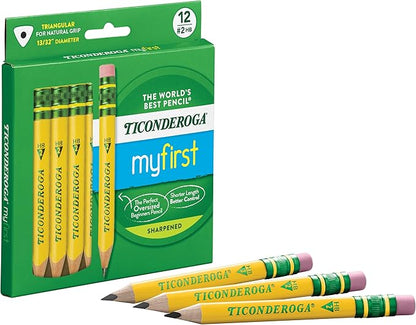 Ticonderoga My First Short Triangular Wood-Cased Pencils, 2 HB Soft, 12 Count Erasers, Pencil Shaped, 3-Pack Bundle