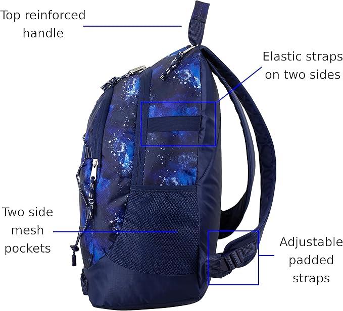 FUEL Hiking Backpack for Women Men Terra Sport, Travel, College, Gym, Work with Laptop Sleeve, Bungee, 18 Inches, Dark Blue Galaxy