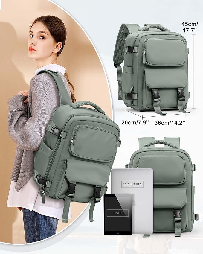 Large Travel Carry on Laptop Backpack for Women Men, Expandable Flight Approved Backpack, Waterproof Sports College bag Casual Daypack for Weekender Business Hiking with Shoe Compartment Light Green