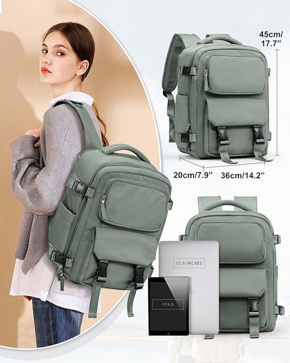 Large Travel Carry on Laptop Backpack for Women Men, Expandable Flight Approved Backpack, Waterproof Sports College bag Casual Daypack for Weekender Business Hiking with Shoe Compartment Light Green