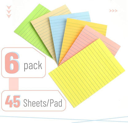 Mr. Pen- Lined Sticky Notes 4x6, 6 Pads, 45 Sheets/Pad, Pastel Color, Sticky Notes with Lines, Sticky Pads, Sticky Note Pads, Colorful Sticky Notes, Stickies Notes, Ruled Post Stickies