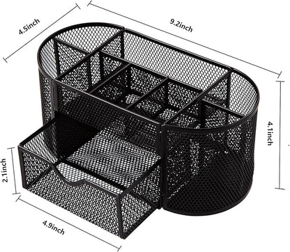 Comix Mesh Pen Pencil Holder Desk Organizer, 8 Compartment and 1 Drawer Wire Desktop Pen Pencil Cup Caddy Office Supplies Accessories for Home Office School, Black