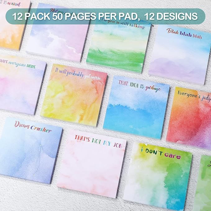 12 Pieces Snarky Office Sticky Notes Funny Note Pads Work Sucks Complaining Quotes Vibrant Negative Passive Office Notepads Adhesive Memo Pad for Colleague Supplies, 3 x 3 Inch(Lovely Style)
