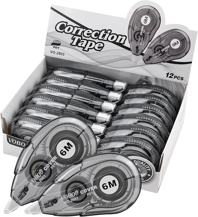 White Correction Tape, Easy To Use Applicator for Instant Corrections Wrong Writing At Any Time, For school, Office (Black, 12pack, 6M/256"x 0.2")