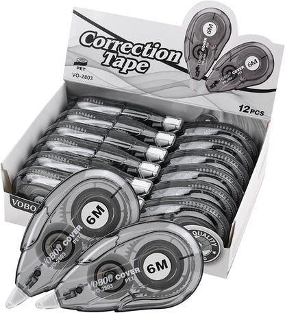 White Correction Tape, Easy To Use Applicator for Instant Corrections Wrong Writing At Any Time, For school, Office (Black, 12pack, 6M/256"x 0.2")