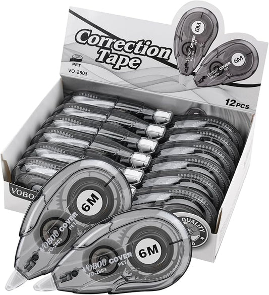 White Correction Tape, Easy To Use Applicator for Instant Corrections Wrong Writing At Any Time, For school, Office (Black, 12pack, 6M/256"x 0.2")