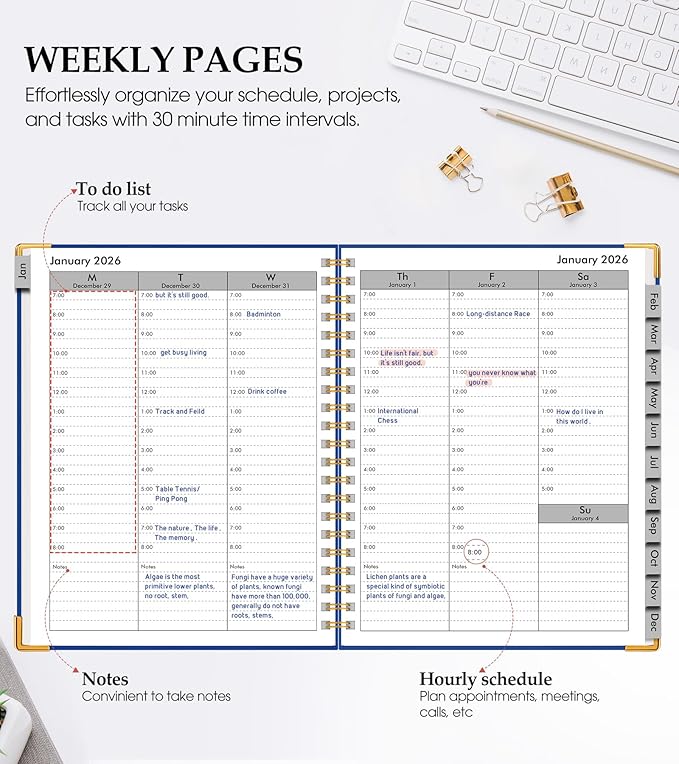 2026 Planner, Weekly and Monthly Calendar Planner from January 2026 - December 2026, 8.5" x 11" Hardcover Leather Hourly Appointment Book with Tabs, Spiral Daily Planners for College School Work Home, Navy