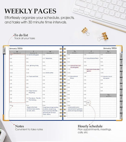 2026 Planner, Weekly and Monthly Calendar Planner from January 2026 - December 2026, 8.5" x 11" Hardcover Leather Hourly Appointment Book with Tabs, Spiral Daily Planners for College School Work Home, Navy