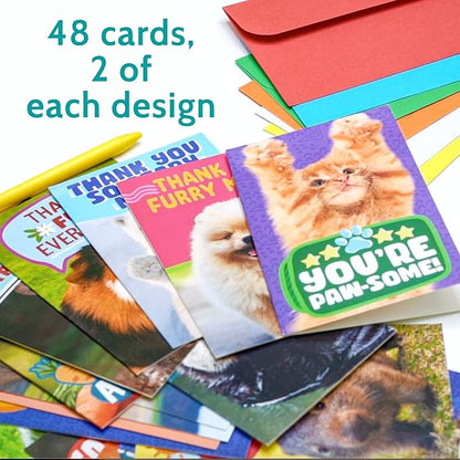 T MARIE 48 Funny Thank You Cards with Colorful Envelopes and Gold Stickers - Bulk 4x6” Boxed Set for Employee Appreciation Cards, Kids, Friends, Staff and Customers - Cute Animal Designs