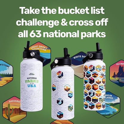 LET'S WANDER Original Lets Wander National Park Water Bottle with Waterproof Stickers - 32oz Leakproof Insulated Stainless Steel with Straw - Parks of the USA Bucket List Bottle [WHITE]