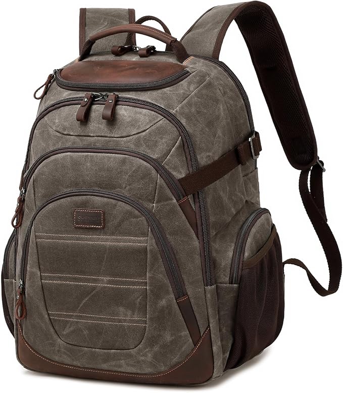 Travel Laptop Backpack 17.3 inch XL Computer Backpack for Men Waxed Canvas College Daypack Business Backpack Green