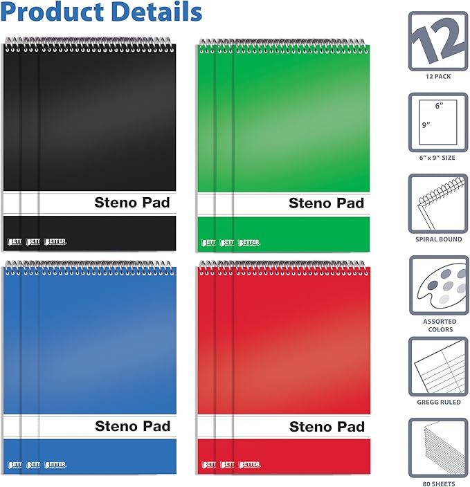 Better Office Products Spiral Steno Pads, 12 Pack, 6 x 9 inches, 80 Sheets, White Paper, Gregg Rule, Assorted Solid Colors (Red, Black, Blue, Green), 12 Steno Notebooks