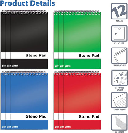 Better Office Products Spiral Steno Pads, 12 Pack, 6 x 9 inches, 80 Sheets, White Paper, Gregg Rule, Assorted Solid Colors (Red, Black, Blue, Green), 12 Steno Notebooks