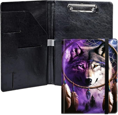 Dream Chasing Wolf PU Leather Padfolio Clipboard Notepad with Pen Loop and Elastic Strap Interview/Resume Document Organizer for Business School Office