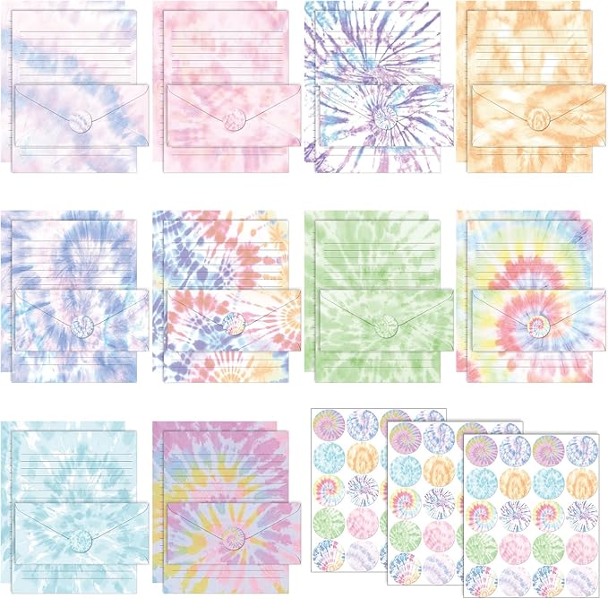 TaoBary 160 Packs Stationery Paper Set (50 Double Sided Stationery Writing Papers 50 Matching Envelopes) 60 Round Dot Sticker, 10 Design (8.5 x 11 Inch,Tie Dye)