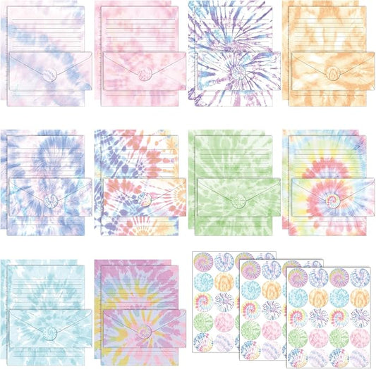 TaoBary 160 Packs Stationery Paper Set (50 Double Sided Stationery Writing Papers 50 Matching Envelopes) 60 Round Dot Sticker, 10 Design (8.5 x 11 Inch,Tie Dye)
