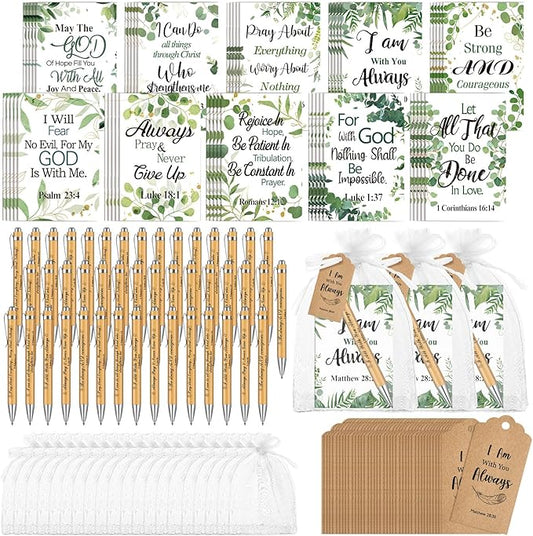 200 Pcs Bible Verse Sets Church Christian Gift Include 50 Scripture Notebooks 50 Bible Bamboo Pens 50 Thanks Tags 50 Organza Bags for Women Man Christian Party Gifts(Green,Vibrant)
