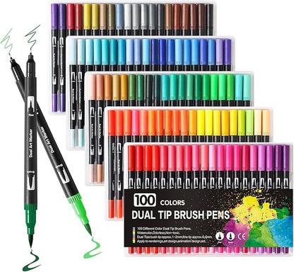 100 Art Markers Set for Adult Coloring Books No Bleeding,Bullet Journal Pens Watercolor Markers for Artists Painting Calligraphy Dual Tip Markers Brush and Fine for Kids Teens Women Drawing Coloring