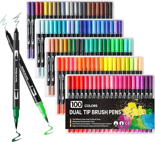 100 Art Markers Set for Adult Coloring Books No Bleeding,Bullet Journal Pens Watercolor Markers for Artists Painting Calligraphy Dual Tip Markers Brush and Fine for Kids Teens Women Drawing Coloring