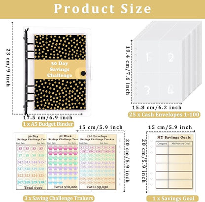 HAUTOCO 100 Envelopes Money Saving Challenge A5 Binder, Savings Challenges Book to Save $5,050, $500, $10,000, Budget Binder with Cash Envelopes, PVC Money Saving Binder with Challenge Trackers, Black