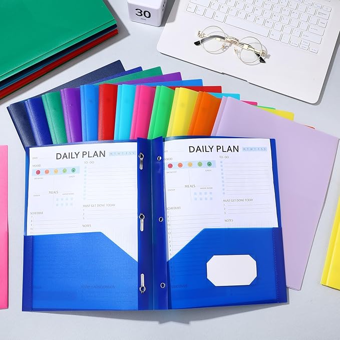 Cholemy 36 Pcs Plastic Pocket Folders with Prong 2 Heavy Duty Pockets Folders with 3 Prongs Letter Size Paper Folders Bulk File Plastic Folders with Fasteners for Office Workers (Colorful)
