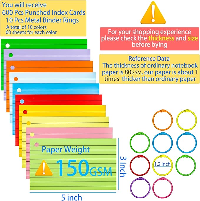 MotBach 600 Pieces Index Cards Flash Cards with Colorful Binder Rings,3" x 5", 10 Color Assorted Color Ruled Punched Memo Note Cards Lined Studying Record To Do List for Home School Office Supplies