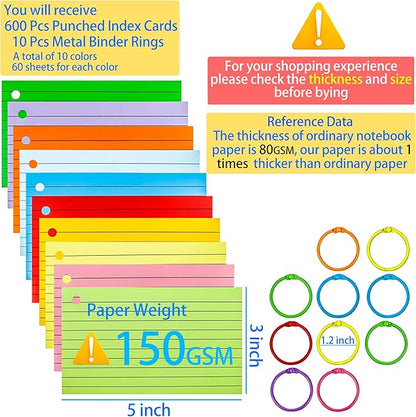 MotBach 600 Pieces Index Cards Flash Cards with Colorful Binder Rings,3" x 5", 10 Color Assorted Color Ruled Punched Memo Note Cards Lined Studying Record To Do List for Home School Office Supplies