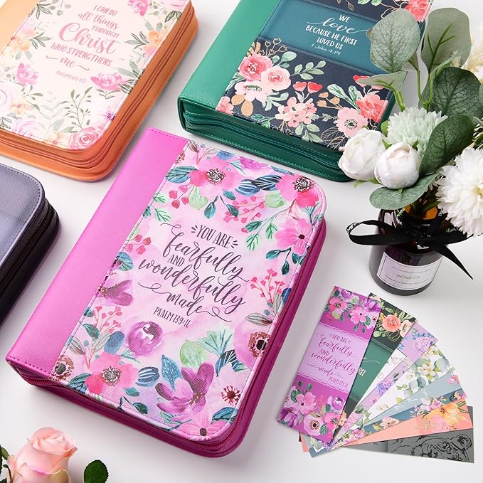 Bible Covers Case for Women Large Leather Bible Carrying Cases Holder Pink 10.8"x7.8"x2" Floral Bible Carrier Tote Bags with Bookmarks Handles Pockets Christian Study Bible Book Gifts