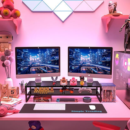 Simple Trending 2 Tier Metal Dual Monitor Stand Riser,Computer Office Desktop Organizer for 2 Monitors With 32"x10" Mouse Pad ,for Laptop,Printer,TV,Black