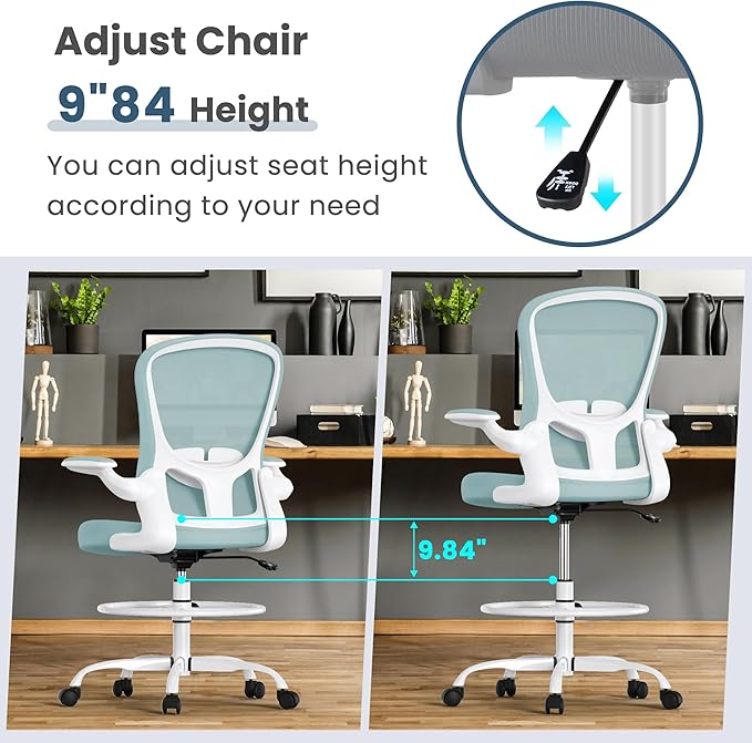 Drafting Chair, Tall Office Chair with Flip-up Armrests Executive Ergonomic Computer Standing Desk Chair, Office Drafting Chair with Lumbar Support and Adjustable Footrest Ring