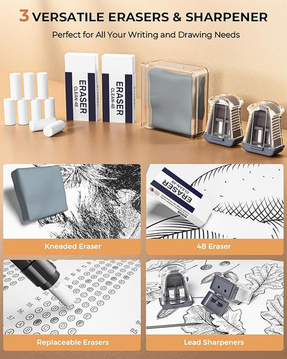 30Pcs Metal Mechanical Pencil Set with Leather Case, 0.5/0.7/0.9/2.0mm Art Drafting Pencils, 16 Tubes Graphite Leads(6B 4B 2B HB 2H 4H) with Colored Leads for Sketching Drawing Writing(Silver)